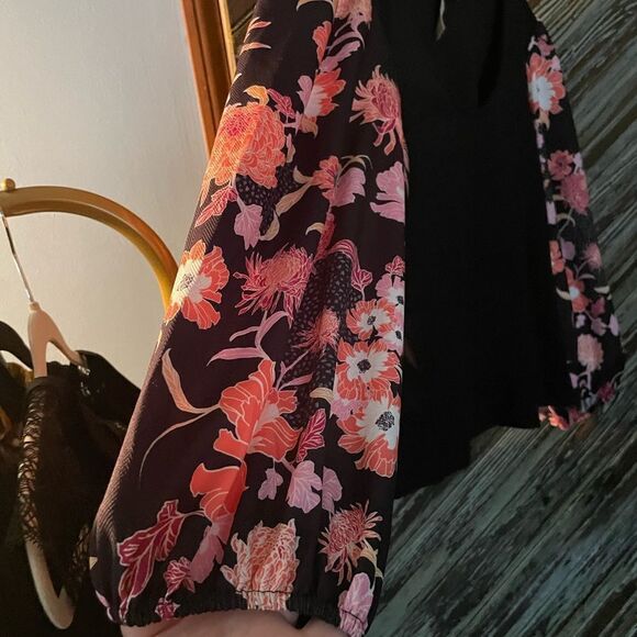 Anthropologie Black Blouse with Pink and Orange Floral Sleeves - Picture 5 of 11